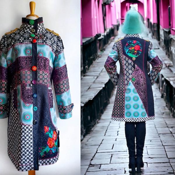 Manteau pour femmes retravaillé personnalisé dans le défilé de style oriental New Look Upcycled printemps automne streetwear fleur célébrité folk broderie boho