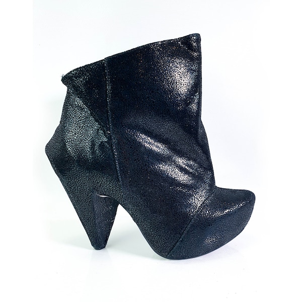 Geometric Black Shiny Booties by Irregular Choice, Unique Glossy Ankle Boots, Fashionable Statement Footwear, Elegant Designer Shoes