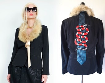 Women's jacket reworked embroidered StreetWear coral snake size XL blazer stole upcycled fur fox collar fitted blazer for women elegant