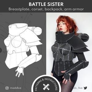 Peut inclure: Une armure de cosplay noire Battle Sister, comprenant une cuirasse, un corset, un sac à dos et une armure de bras. L'image montre une personne portant l'armure, avec un schéma de l'armure à gauche. Le texte "BATTLE SISTER" est affiché en haut.