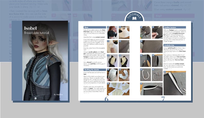 May include: A tutorial on how to make a breastplate, featuring a woman wearing a blue and silver breastplate. The tutorial includes images of the process, from drafting the pattern to adding leather texture.