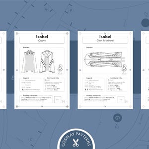 May include: Four printable sewing patterns for a costume, titled "Isobel" with the names of the pieces: Breastplate, Copes, Coat & Tabard, and Boot Covers & Knee Plate.