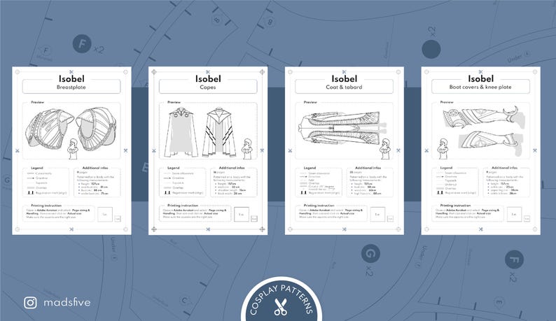 May include: Four printable sewing patterns for a costume, titled "Isobel" with the names of the pieces: Breastplate, Copes, Coat & Tabard, and Boot Covers & Knee Plate.