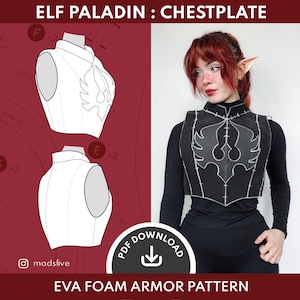 May include: Black EVA foam chestplate with white stitching, featuring a stylized flame design. The image includes a pattern diagram and the text "ELF PALADIN : CHESTPLATE" and "EVA FOAM ARMOR PATTERN".