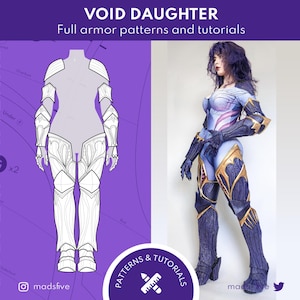 May include: Cosplay patterns and tutorials are featured in this image. The image shows a full armor pattern and a person wearing the finished cosplay. The cosplay is blue, gold, and black.