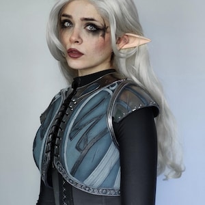 May include: A woman with long, silver hair and pointed ears wears a blue and silver armored vest with a black shirt underneath.