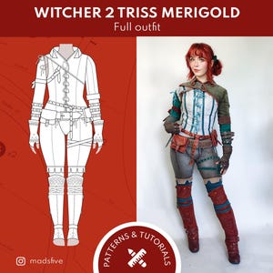 May include: A full Triss Merigold costume from Witcher 2, featuring a white and blue striped top, brown leather accents, and red boots. The image includes a sketch of the outfit and a person wearing the costume. Text on the image reads "Witcher 2 Triss Merigold Full outfit".