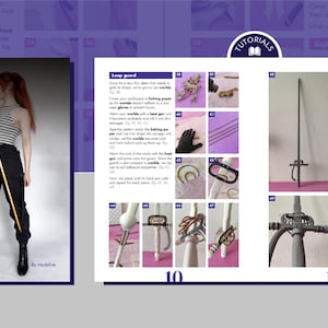 K&ouml;nnte beinhalten: Eine Tutorialseite mit Bildern von Schwertbau-Schritten. Die linke Seite zeigt eine Frau, die ein Schwert h&auml;lt, mit dem Text "Maelle Sword". Die rechte Seite zeigt detaillierte Anweisungen und Nahaufnahmen von Schwertteilen. Die Seite ist vor einem lila Hintergrund.