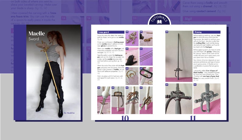 K&ouml;nnte beinhalten: Eine Tutorialseite mit Bildern von Schwertbau-Schritten. Die linke Seite zeigt eine Frau, die ein Schwert h&auml;lt, mit dem Text "Maelle Sword". Die rechte Seite zeigt detaillierte Anweisungen und Nahaufnahmen von Schwertteilen. Die Seite ist vor einem lila Hintergrund.