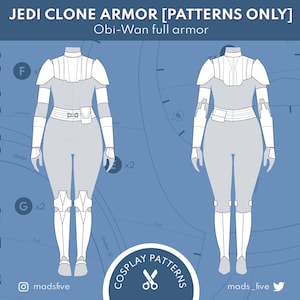 Könnte beinhalten: Eine digitale Illustration eines Jedi-Klon-Rüstungs-Musters für Cosplay. Das Muster ist für die vollständige Rüstung von Obi-Wan Kenobi. Die Illustration zeigt die Vorder- und Rückseite der Rüstung mit Beschriftungen für jedes Teil. Der Text "JEDI CLONE ARMOR [PATTERNS ONLY]" und "Obi-Wan full armor" befindet sich oben im Bild.