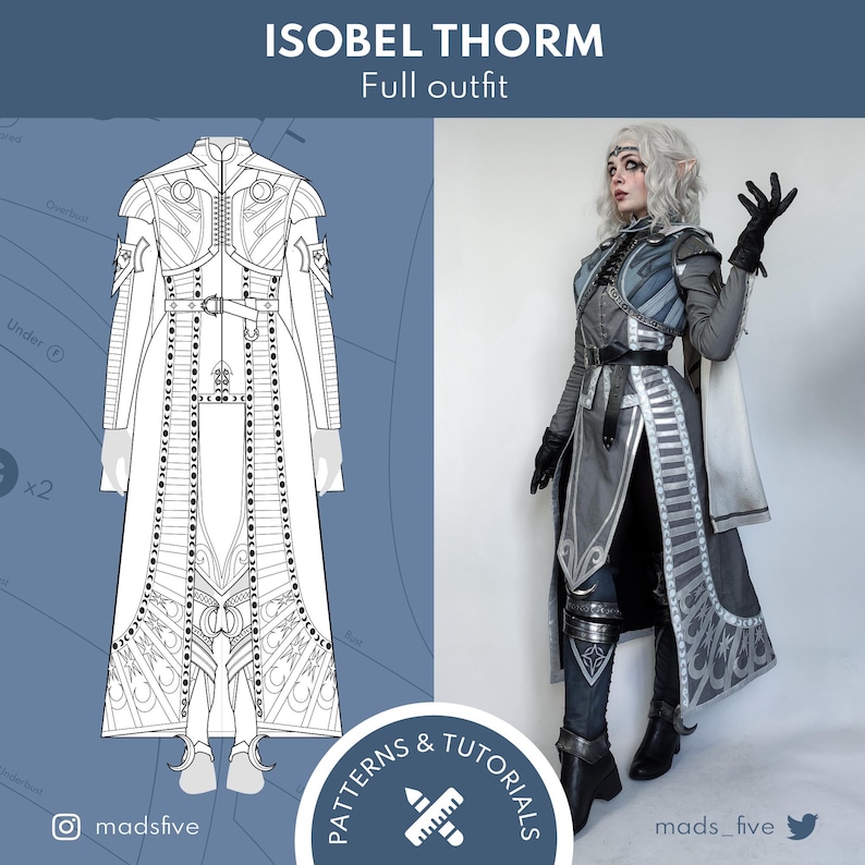 May include: A black and white line drawing of a full outfit with a long coat, pants, and boots. The outfit is detailed with intricate patterns and designs. The drawing is on a blue background with the text "ISOBEL THORM Full outfit" at the top. The drawing is next to a photo of a person wearing a similar outfit. The person is wearing a long, silver coat with a black belt and boots. The coat has a silver and black pattern. The person is standing on a white background.
