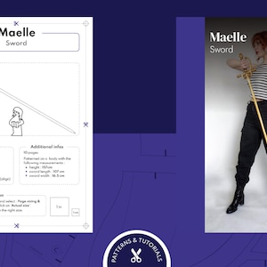 K&ouml;nnte beinhalten: Ein Schwertmuster mit der Bezeichnung "Maelle Sword". Das Muster enth&auml;lt eine Vorschau des Schwertdesigns, eine Legende und zus&auml;tzliche Informationen. Die Schwertl&auml;nge betr&auml;gt 107 cm, die Schwertbreite 16,5 cm und die H&ouml;he 152 cm. Das Bild zeigt auch eine Person, die ein goldenes Schwert h&auml;lt.