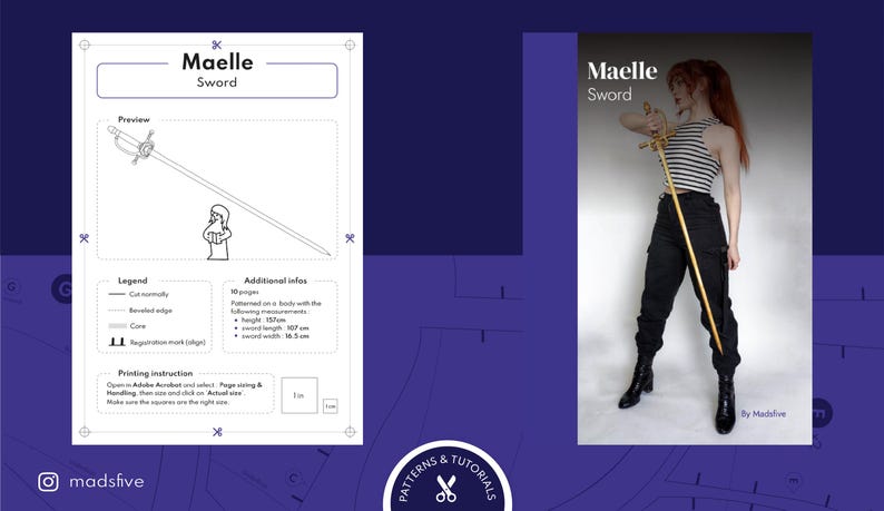 K&ouml;nnte beinhalten: Ein Schwertmuster mit der Bezeichnung "Maelle Sword". Das Muster enth&auml;lt eine Vorschau des Schwertdesigns, eine Legende und zus&auml;tzliche Informationen. Die Schwertl&auml;nge betr&auml;gt 107 cm, die Schwertbreite 16,5 cm und die H&ouml;he 152 cm. Das Bild zeigt auch eine Person, die ein goldenes Schwert h&auml;lt.