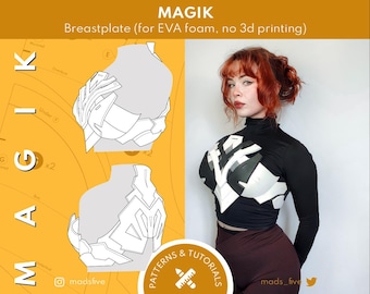 May include: The image features a breastplate design labeled "MAGIK" for EVA foam, with no 3D printing required. The design is shown in two variations. A person is wearing a black top and a white and black breastplate.