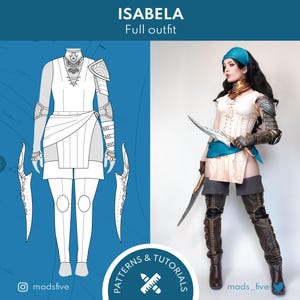 May include: A digital illustration of a female character wearing a white outfit with a blue sash and brown boots. The character is holding a sword in her right hand. The illustration is labelled "ISABELA Full outfit" and "PATTERNS & TUTORIALS".