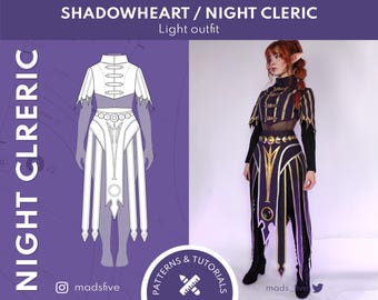 May include: A digital illustration of a white outfit with a purple background. The outfit is a long skirt with a top that has a high collar and a belt. The text "SHADOWHEART/NIGHT CLERIC" and "Light outfit" is at the top of the image.