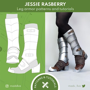 May include: Image featuring leg armor patterns and tutorials by Jessie Rasberry. The image shows a pair of silver and brown leg armor boots with buckles, and a diagram of the armor. The text "JESSIE RASBERRY" is visible.