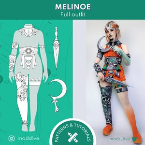 Pode incluir: Um traje de cosplay laranja e prateado com o texto "MELINOE Full outfit". O traje inclui um corpete, armaduras para braços e pernas e uma arma em forma de meia-lua. A imagem também mostra um padrão para o traje.