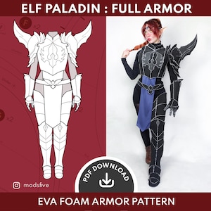 Könnte beinhalten: Ein Elf Paladin-Vollrüstungsmuster und eine Person, die die Rüstung trägt. Die Rüstung ist schwarz mit silbernen Akzenten und einem blauen Schärpenband. Das Muster ist eine Strichzeichnung der Rüstung. Der Text auf dem Bild lautet "ELF PALADIN : FULL ARMOR" und "EVA FOAM ARMOR PATTERN".