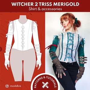 Könnte beinhalten: Ein weißes und tealfarbenes Oberteil im Korsettstil mit blauen Schnürungen, kombiniert mit einer schwarzen Hose und braunen Handschuhen. Das Bild enthält ein Muster und eine Person, die das Oberteil trägt. Der Text auf dem Bild lautet "Witcher 2 Triss Merigold Shirt & accessories."