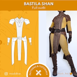 Puede incluir: Un patrón de disfraz de cuerpo entero para un personaje llamado Bastila Shan. El patrón incluye una ilustración detallada del atuendo, que incluye los pantalones, la parte superior y el cinturón. El texto "Bastila Shan Full outfit" está en la parte superior de la imagen.