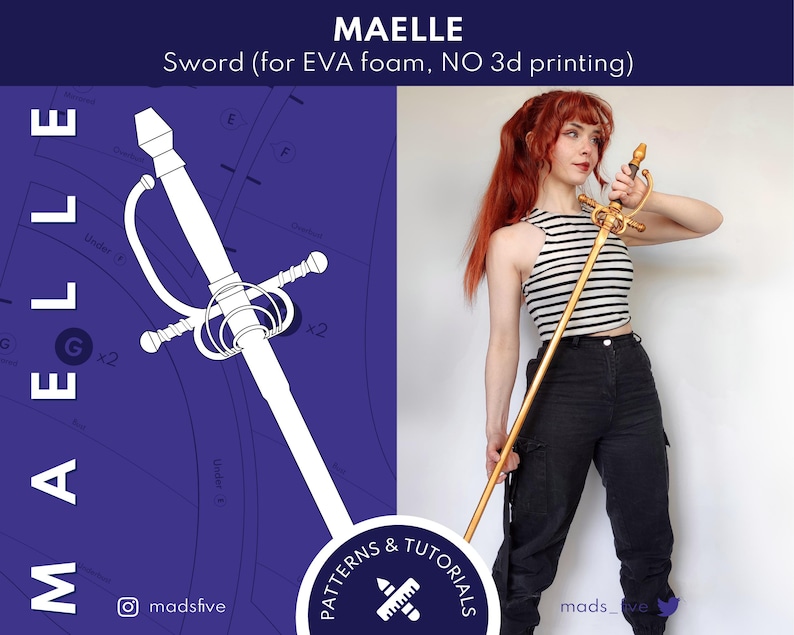 K&ouml;nnte beinhalten: Ein goldenes Schwert mit aufwendigen Details wird gezeigt. Das Bild zeigt das Wort "MAELLE" und den Text "Sword (for EVA foam, NO 3d printing)" auf blauem Hintergrund. Der Text "PATTERNS & TUTORIALS" ist ebenfalls enthalten.