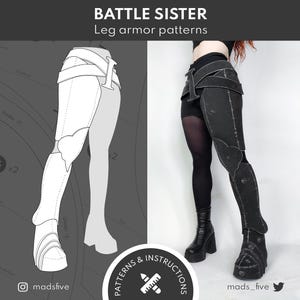Könnte beinhalten: Das Bild zeigt ein schwarzes Beinpanzer-Design mit der Aufschrift "BATTLE SISTER" und "Leg armor patterns". Das Bild zeigt eine Zeichnung der Rüstung und eine Person, die die Rüstung trägt. Das Design umfasst Riemen und segmentierte Platten.