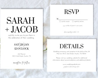 Modèle de suite d'invitation de mariage classique, intemporel et unique, invitation, RSVP, détails, téléchargeable