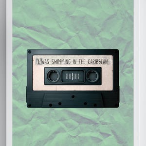 May include: Framed print of a black cassette tape with the text "I WAS SWIMMING IN THE CARIBBEAN". The cassette is set against a textured, mint green background. The design evokes a sense of nostalgia and retro style.