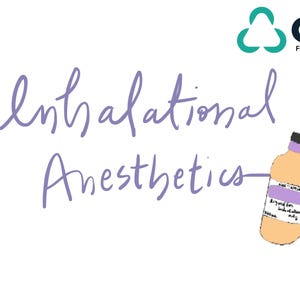 Könnte beinhalten: Cartoon-Illustration mit dem handgeschriebenen Text "Inhalational Anesthetics" und einer Medikamentenflasche. Das CSPA-Logo befindet sich oben rechts. Die Flasche hat ein lila Etikett und einen schwarzen Deckel.