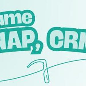May include: A teal and white graphic with the words "Name DNAP, CRNA" in a bold, outlined font. A curved line and a medical instrument illustration are below the text, set against a light teal gradient background.