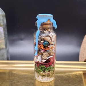 K&ouml;nnte beinhalten: Eine kleine Glasflasche gef&uuml;llt mit Schichten aus getrockneten Kr&auml;utern, Blumen und Kristallen. Die Flasche ist mit einem Korken verschlossen und mit blauem Wachs bedeckt. Der Inhalt ist durch das klare Glas sichtbar.