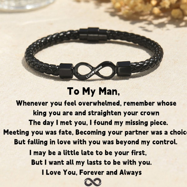 To My Man-Custom Names Love You Forever and Always Infinity Leather Bracelet,Fathers Day Gift from Wife,Birthday Christmas Gift for Him