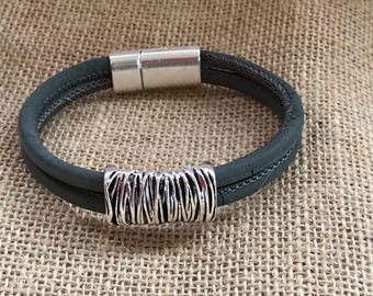 Handmade Cork Vegan Magnetic Bracelet - Custom Antique Silver - Strong Clasp