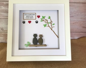 Personalised Cat Pebble Art Picture - Custom Mixed Media - Pet Gift Present