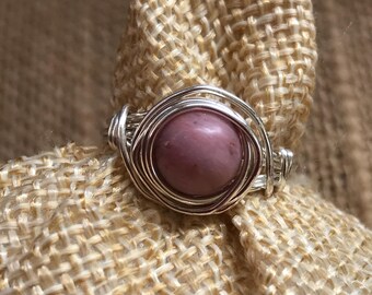 Handmade Pink Rhodonite Wire Wrapped Ring - Sterling Silver Option