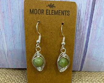 Handmade Green Jade Wire Wrap Earrings - 925 Earwires