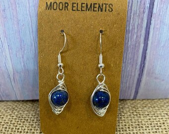 Handmade Lapis Lazuli Wire Wrapped Earrings - Blue 925 Earwires