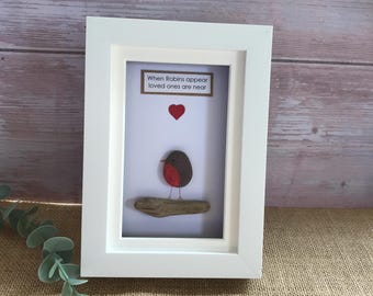 Robin Pebble Art Picture - Custom Made Gift - Mixed Media Art