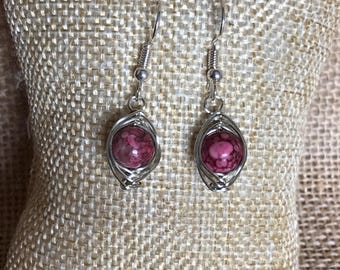Handmade Pink Jasper Wire Wrap Earrings - Sterling Silver Earwires