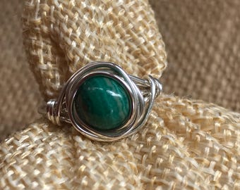 Green Jasper Silver Wire Wrapped Ring - Sterling Silver Custom Ring