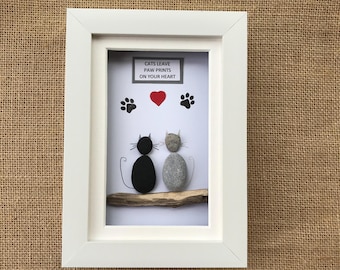 Personalised Cat Pebble Picture - Cat Lovers Gift - Framed Pet Art