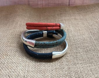 Handmade Portuguese Cork Magnetic Bracelet - Vegan Silver Hook Clasp Bracelet