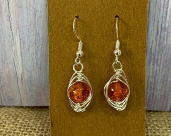Handmade Copal Amber Wire Wrap Earrings - Sterling Silver Earwires