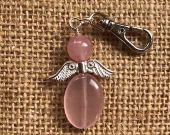 Handmade Rose Quartz Guardian Angel Keepsake - Gemstone Keyring Gift