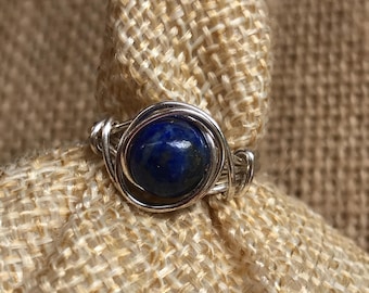 Handmade Lapis Lazuli Ring - Wire Wrapped Silver Ring