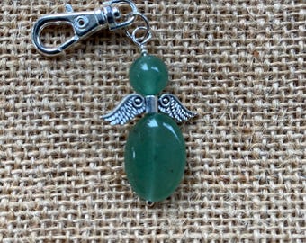 Green Adventurine Guardian Angel Keychain - Gemstone Keepsake Keyring Gift
