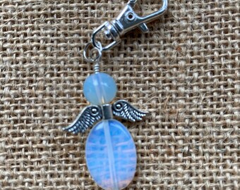 Handmade Opalite Guardian Angel Keyring - Gemstone Keepsake Gift Keychain