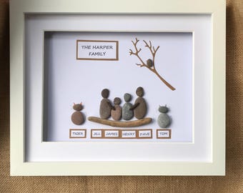 Personalised Family Pebble Art Picture - Custom Made Beach Art - Mixed Media Art Gift