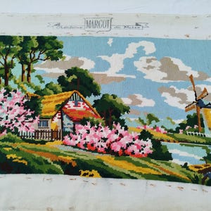 Rare finished tapestry of colorful needlepoint flowers, landscape of a country house with a mill, vintage, French tapestry